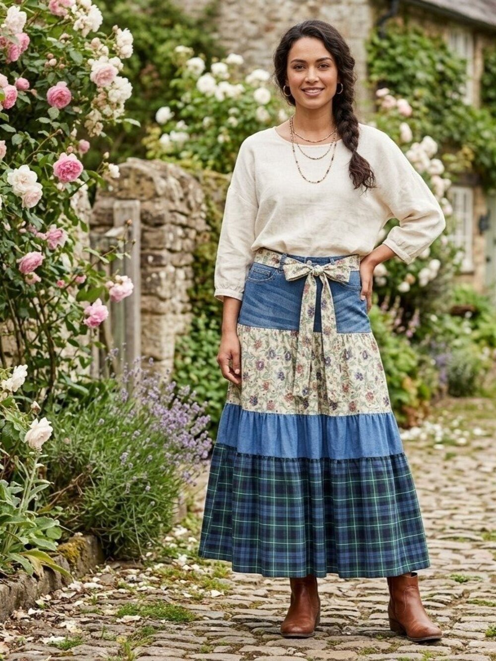 Upcycled OOAK Sz 16 W33 Levis Signature Blue Denim Ruffle Skirt Striped Tartan